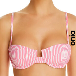 Onia NWT Dalia Pink and White Broken Striped Underwire Demi Cup Bikini Top Large